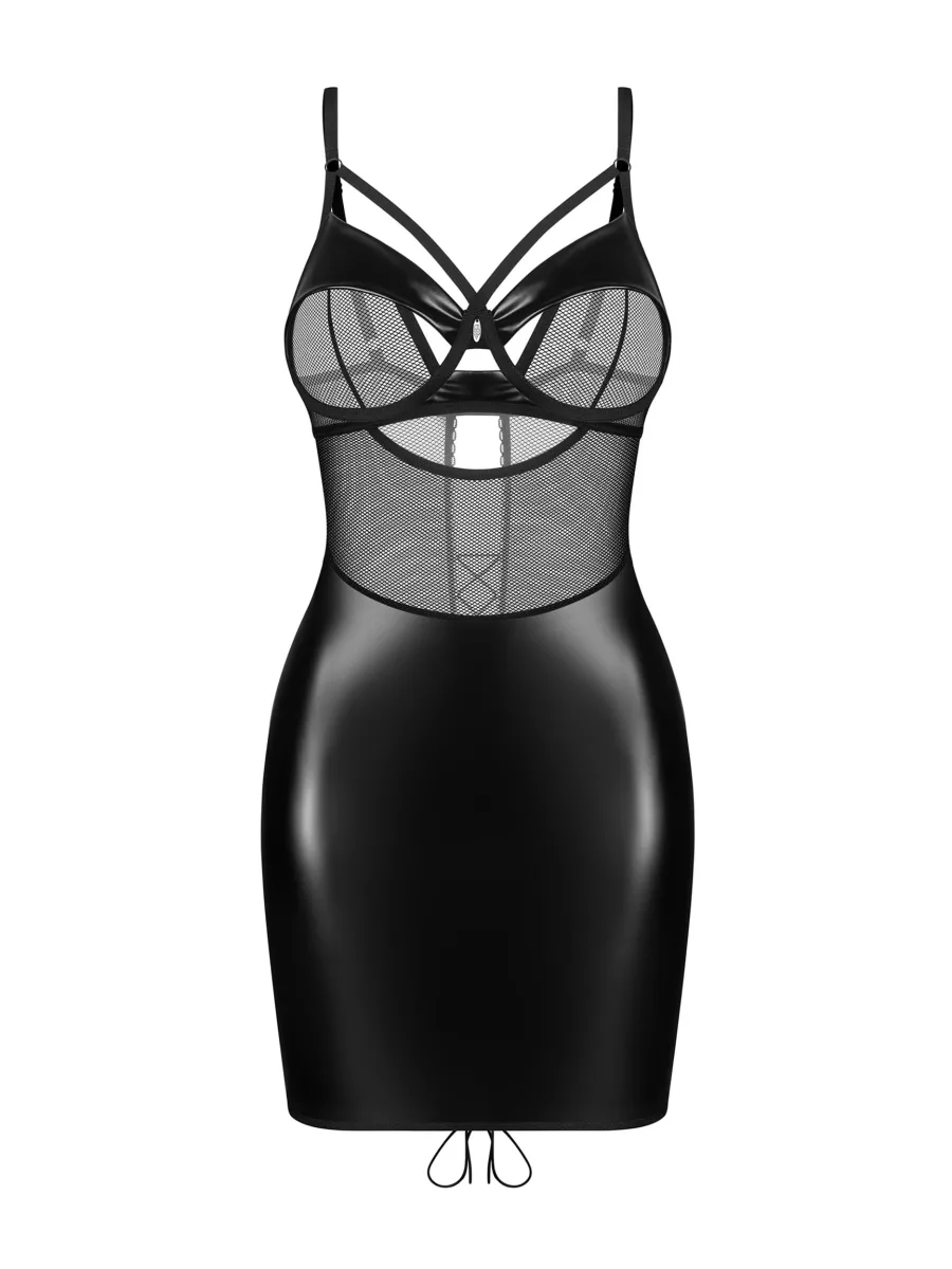 Black Faux Leather Chemise Obsessive Dominna — Lace-up Back