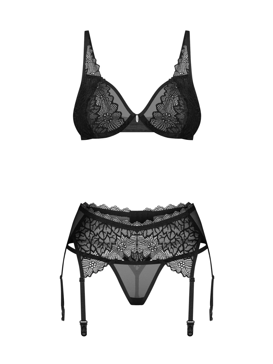Black Lace 3-Piece Garter Belt Set Obsessive Deina More