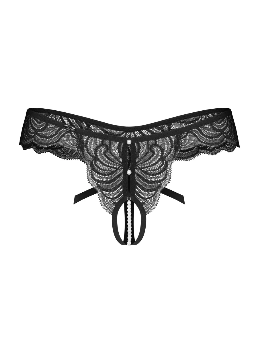 Black Lace Crotchless Thong With Pearl String Obsessive Trinise