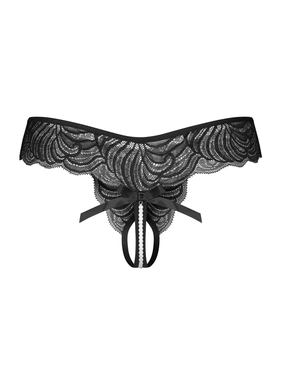Black Lace Crotchless Thong With Pearl String Obsessive Trinise