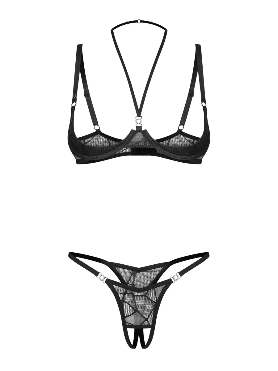 Black Lace Cupless Underwired Bra and Crotchless Thong Set Obsessive Olianna