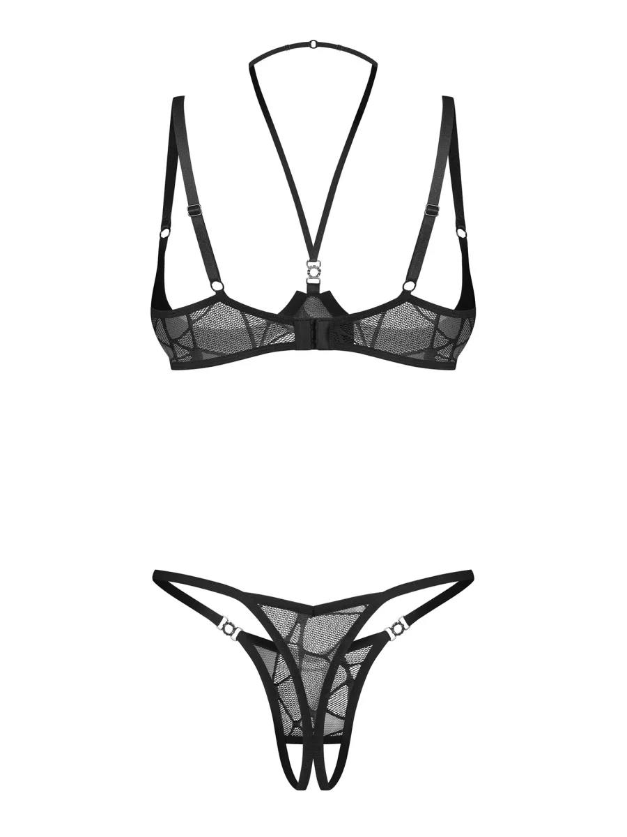 Black Lace Cupless Underwired Bra and Crotchless Thong Set Obsessive Olianna
