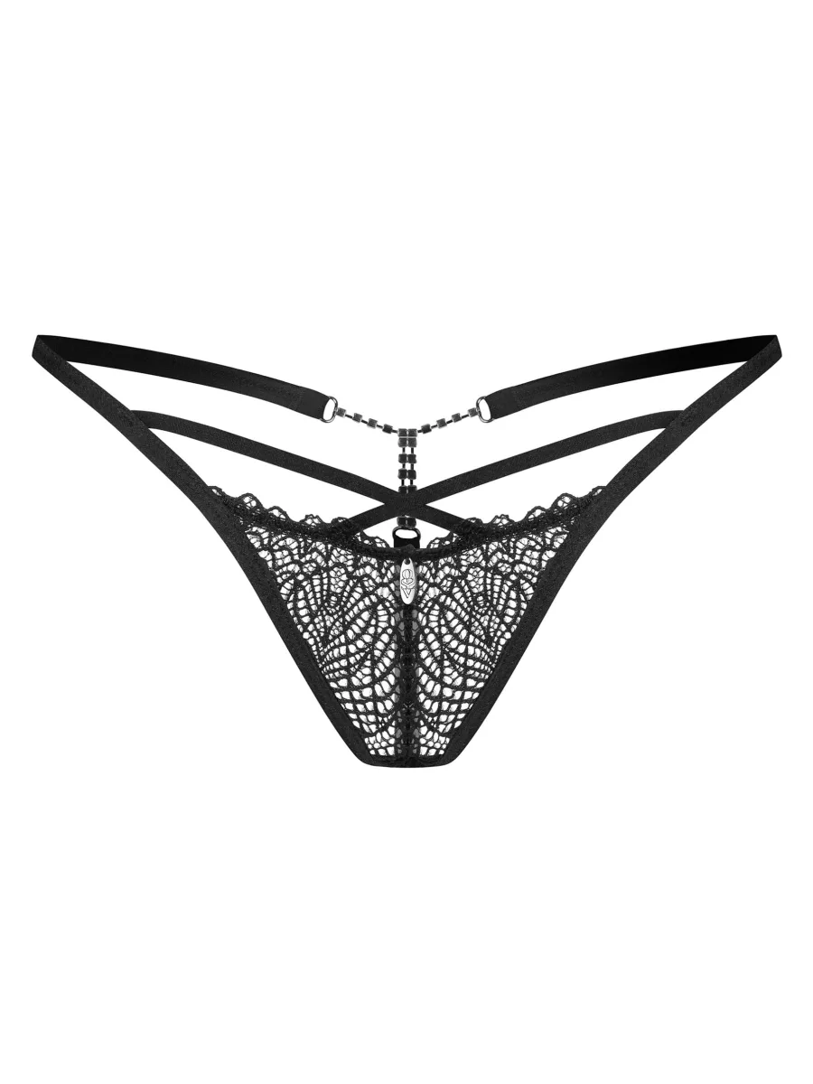 Obsessive Iliosa String: Schwarze Spitzenhöschen mit silbernen Ketten