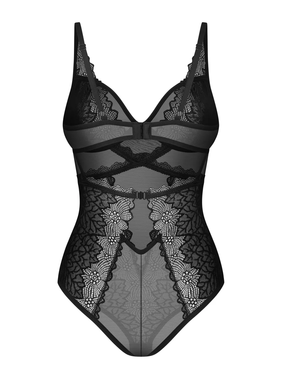 Black Lace Underwired Open-Back Bodysuit Obsessive Deina More