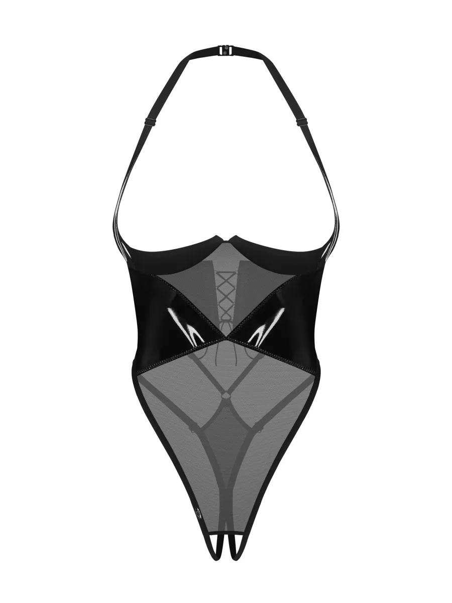 Black Latex-Look Open Cup Crotchless Teddy Obsessive Rolleya