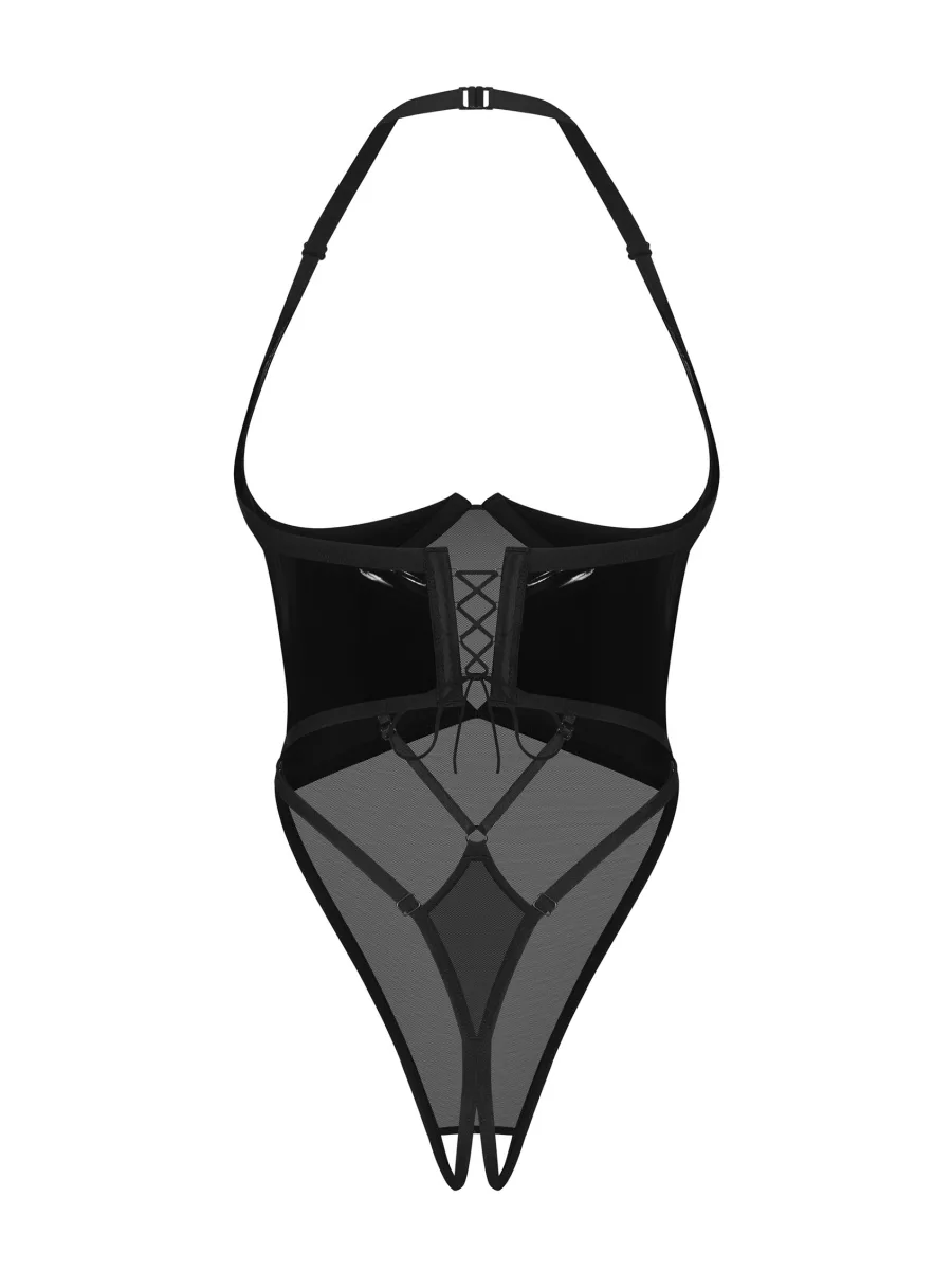 Black Latex-Look Open Cup Crotchless Teddy Obsessive Rolleya
