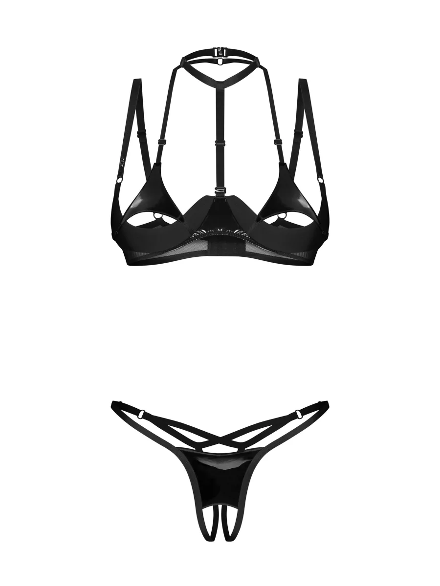 Black Open Cup Bra and Crotchless Thong Set with Choker Obsessive Rolleya
