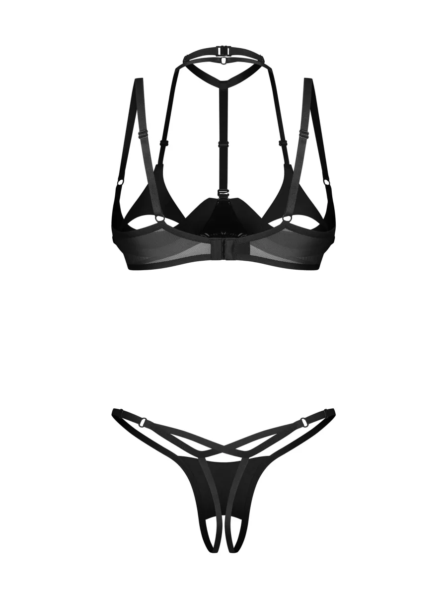 Black Open Cup Bra and Crotchless Thong Set with Choker Obsessive Rolleya