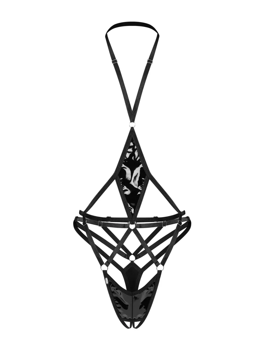 Offener Body aus glänzendem Stoff mit Riemchen und Halsband Obsessive Keira Lise