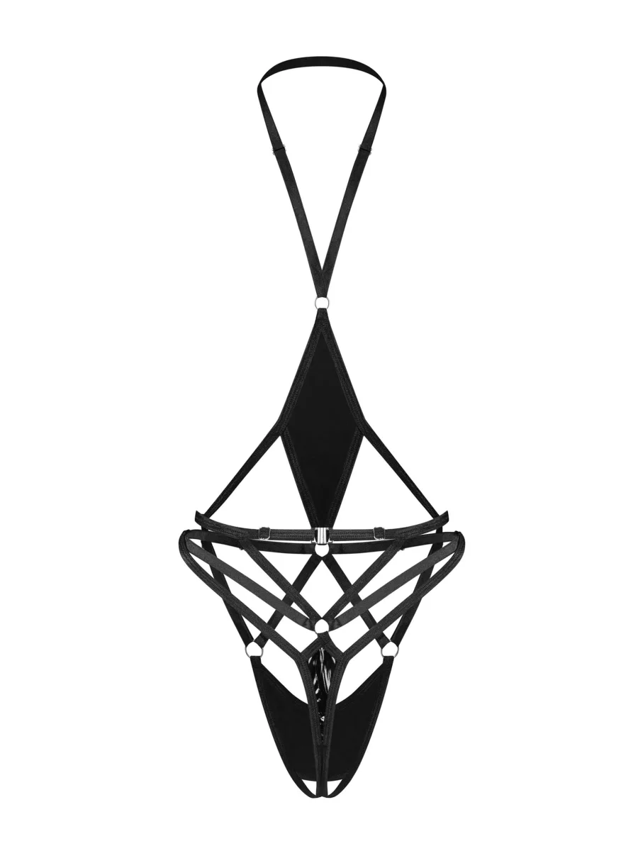 Offener Body aus glänzendem Stoff mit Riemchen und Halsband Obsessive Keira Lise