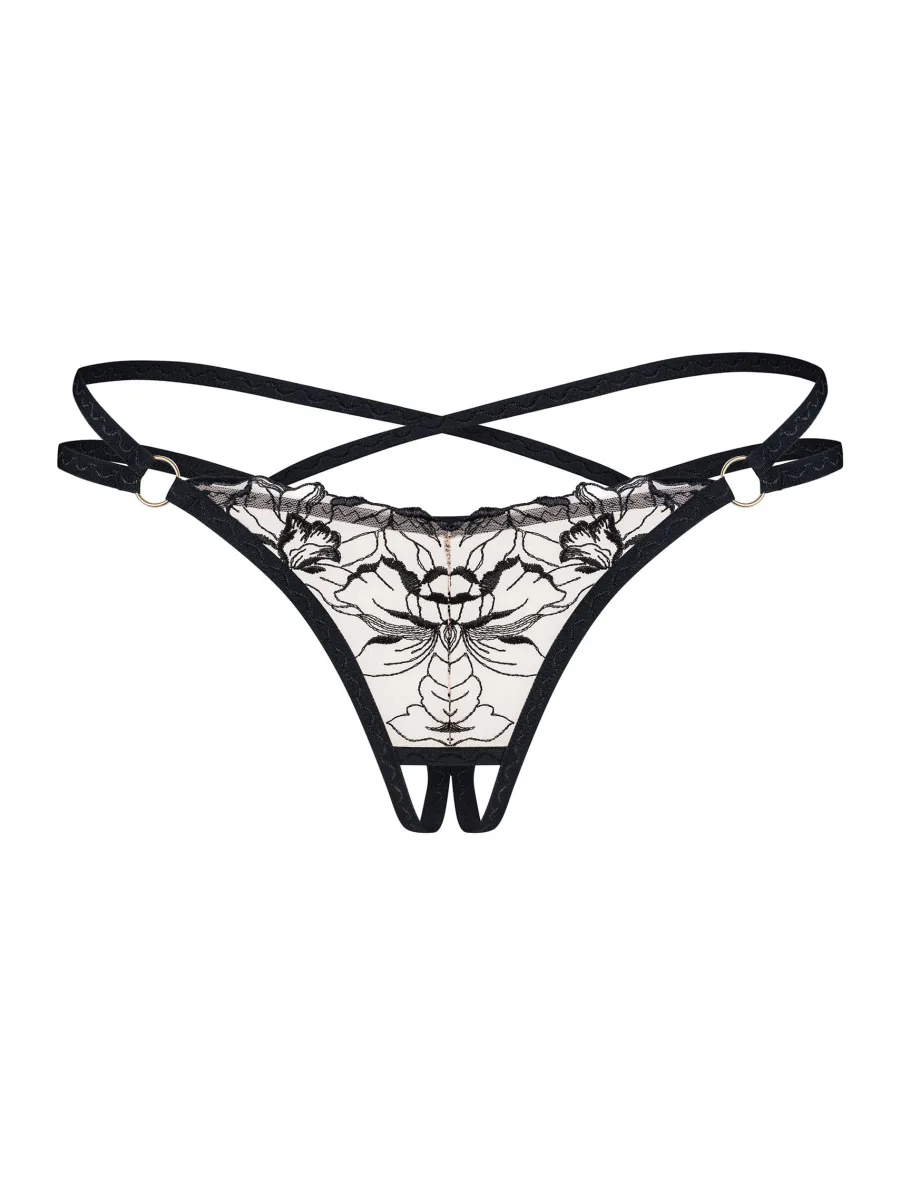 Schwarzer Ouvert-String Vila Blanes — Blumenstickerei