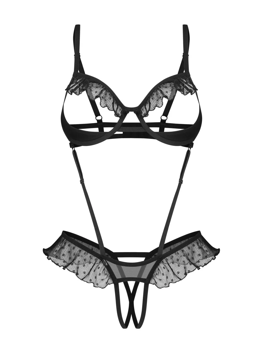 Black Polka Dot Open Cup Crotchless Teddy Obsessive Carrola