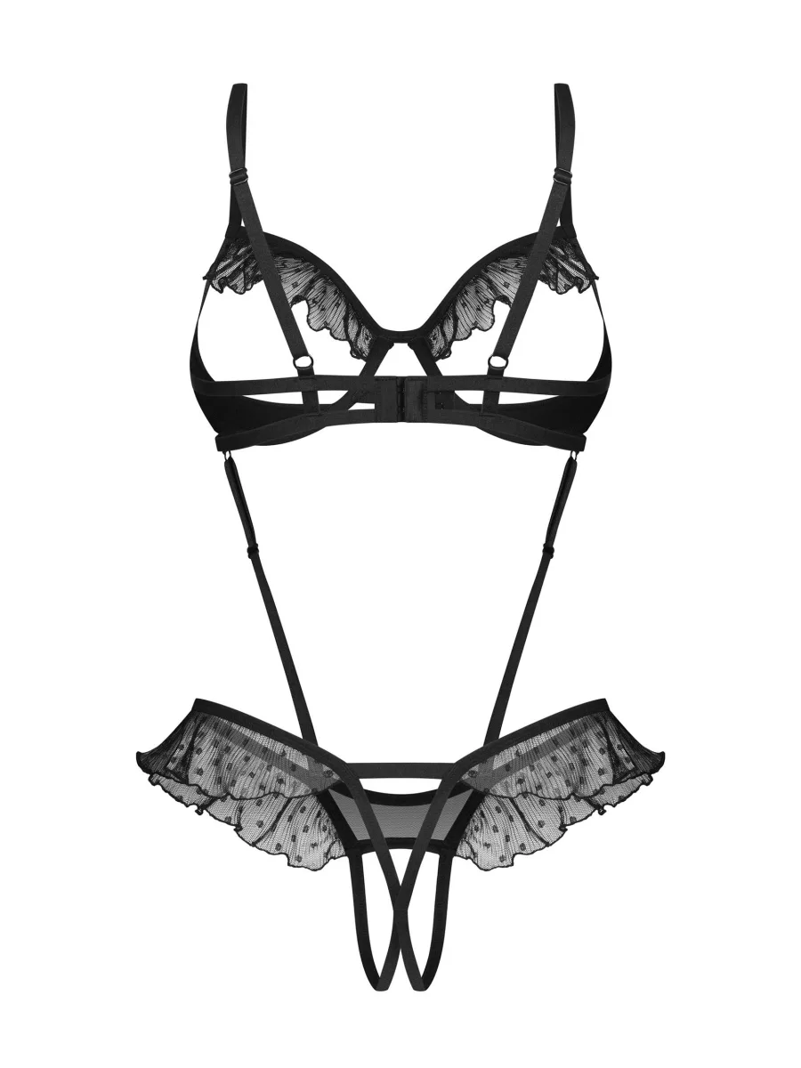 Black Polka Dot Open Cup Crotchless Teddy Obsessive Carrola