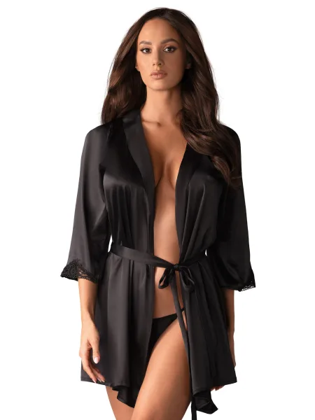 Obsessive Satinia Robe: Schwarzes Satin-Peignoir mit Ärmeln aus Guipure-Spitze