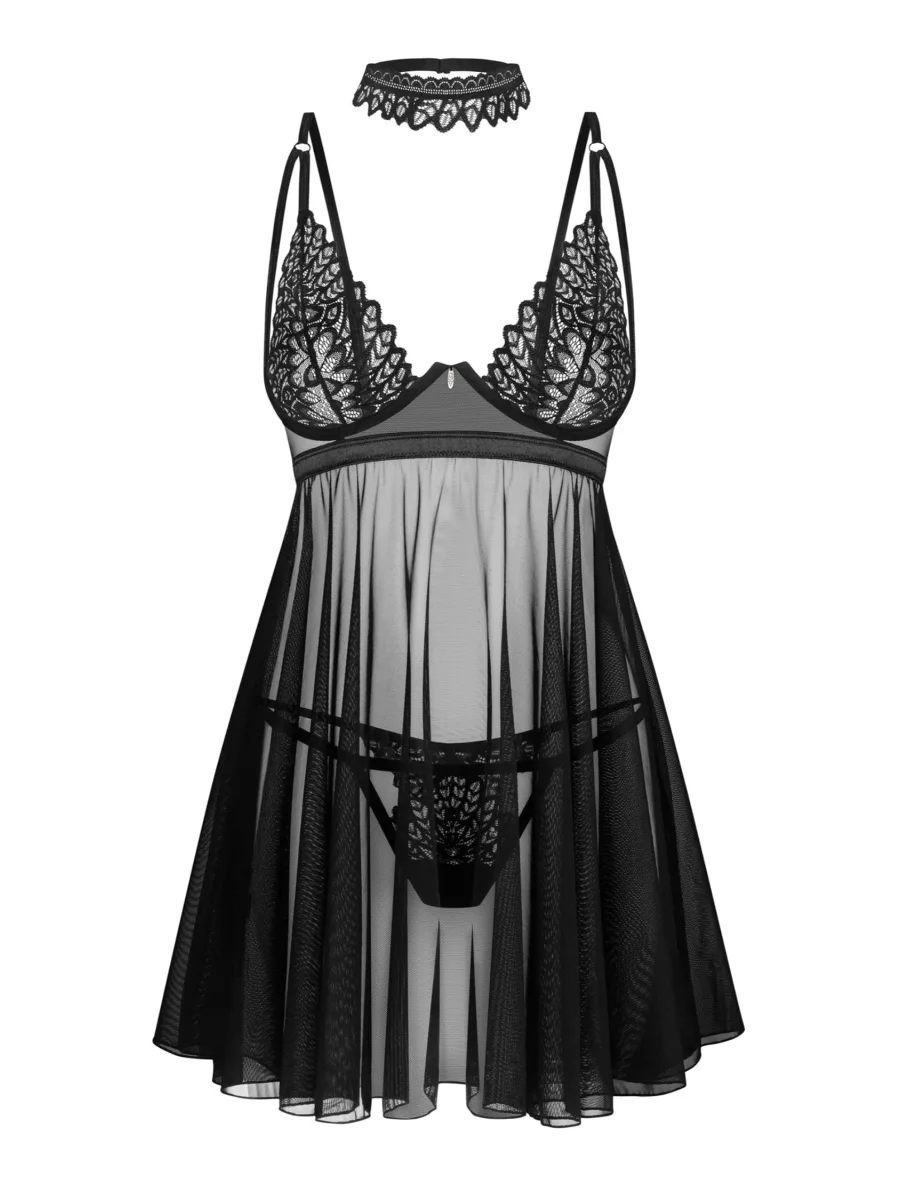Black Sheer Babydoll Thong and Choker Set Obsessive Donarella