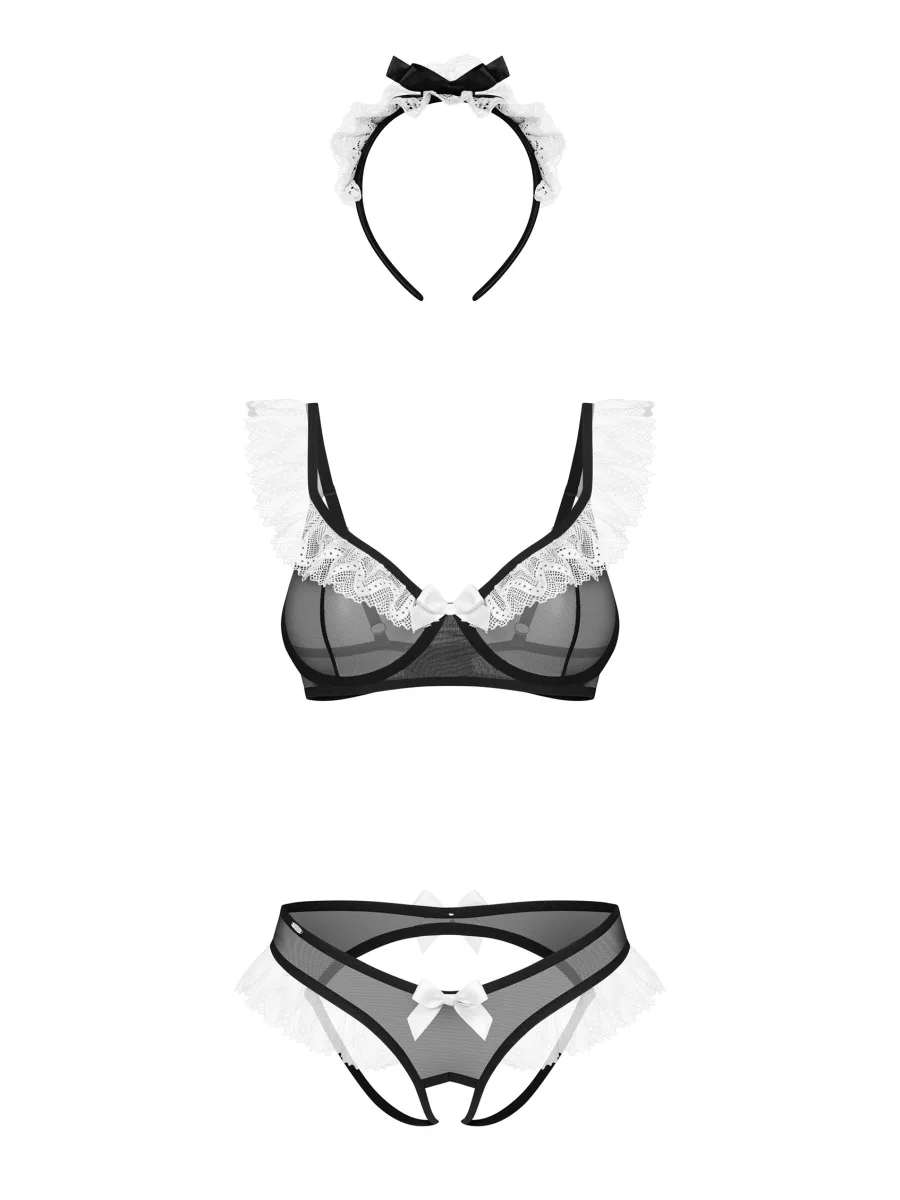 Black Sheer Mesh Maid Costume 3-Piece Set Obsessive Naughty Maid