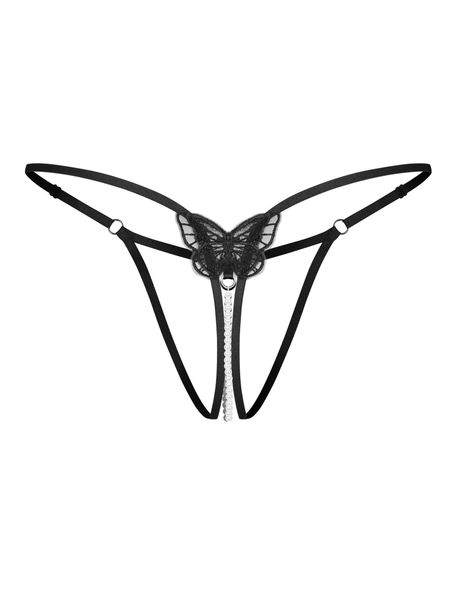 Black Strappy Crotchless Thong With Pearl Beads Obsessive Isseme