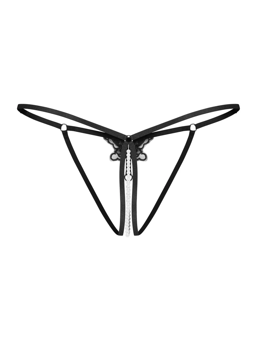 Black Strappy Crotchless Thong With Pearl String Obsessive Selisme
