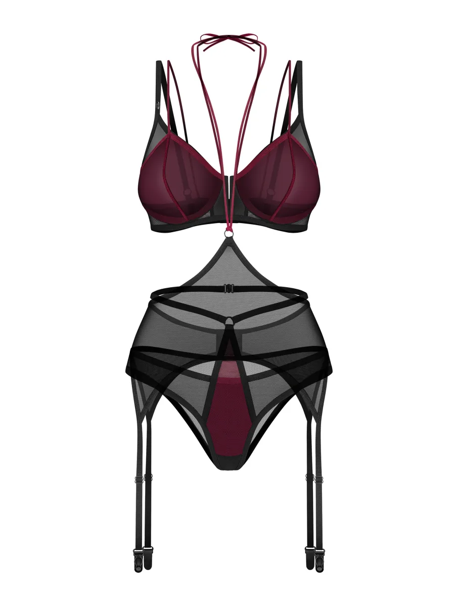 Burgundy Mesh 3-Piece Garter Belt Set Obsessive Parisel