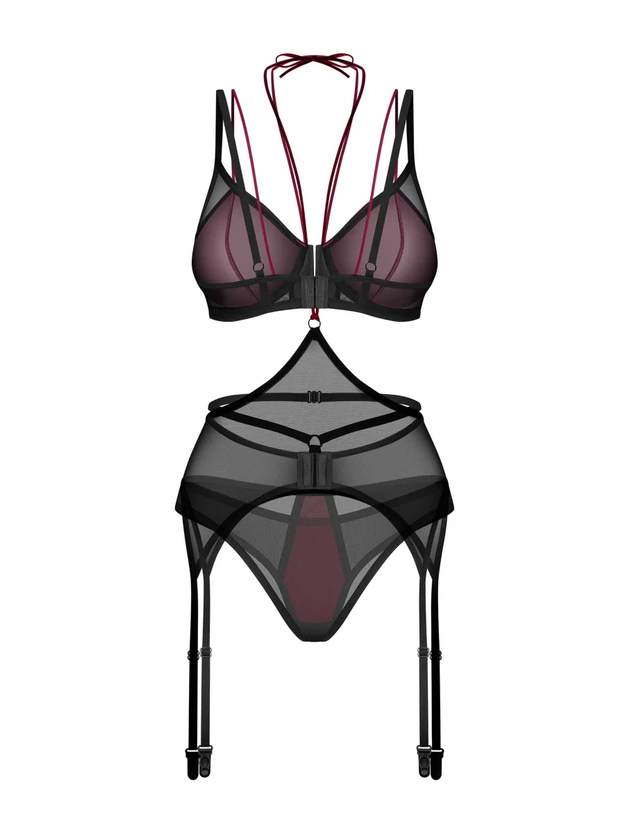 Burgundy Mesh 3-Piece Garter Belt Set Obsessive Parisel