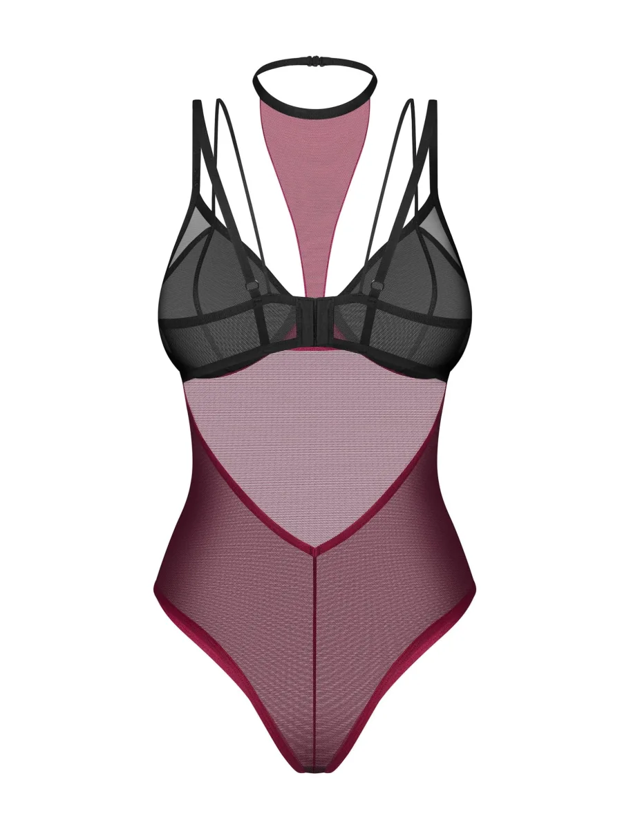 Burgunderroter Netz-Body Obsessive Parisel — Choker-Halsband
