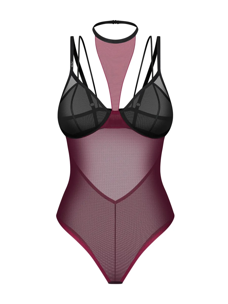 Burgunderroter Netz-Body Obsessive Parisel — Choker-Halsband