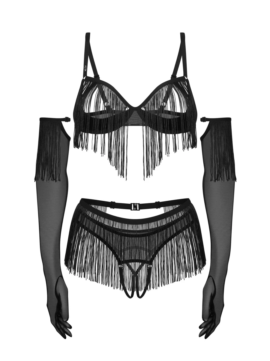 4-teiliges Fransen-Set mit offenen Cups Ouvert-String und Handschuhen Obsessive Rossay Black