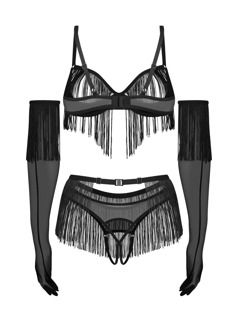 4-teiliges Fransen-Set mit offenen Cups Ouvert-String und Handschuhen Obsessive Rossay Black