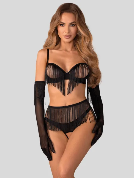 Fringe Open Cup Crotchless 4-Piece Set with Gloves Obsessive Rossay Black