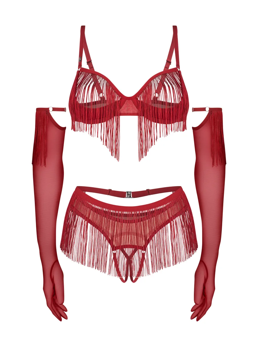 Fringe Open Cup Crotchless 4-Piece Set with Gloves Obsessive Rossay Red
