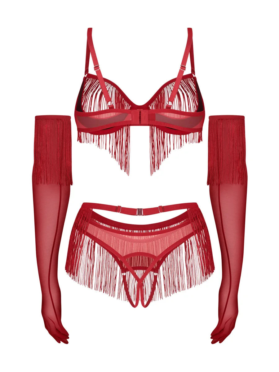Fringe Open Cup Crotchless 4-Piece Set with Gloves Obsessive Rossay Red