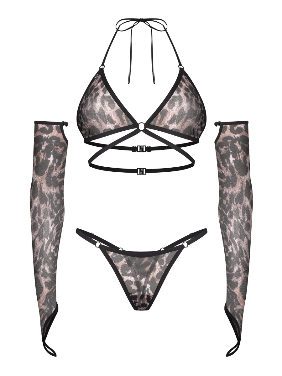 Leopard Print Sheer Bra Thong and Gloves Set Obsessive Addia