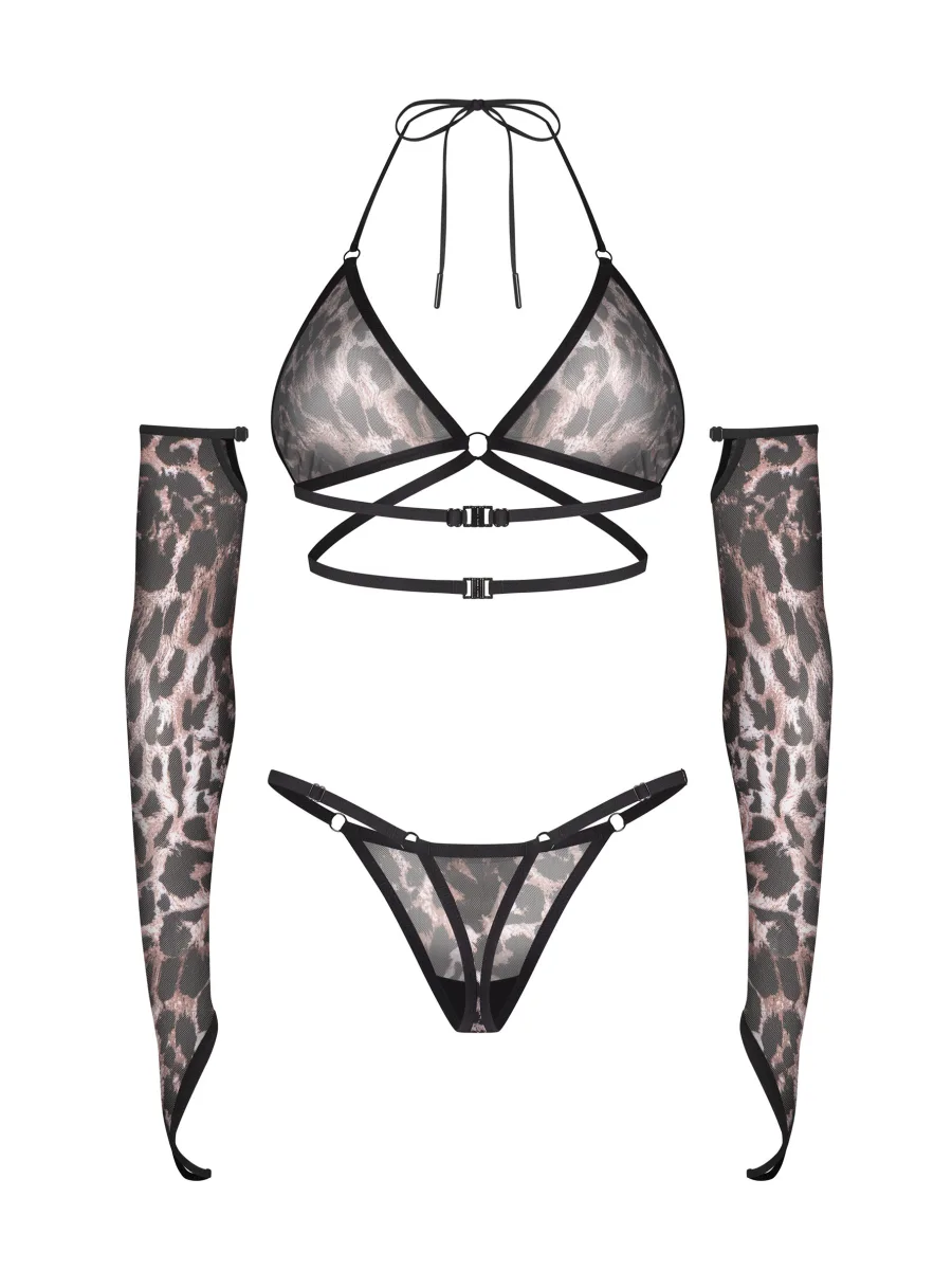 Leopard Print Sheer Bra Thong and Gloves Set Obsessive Addia