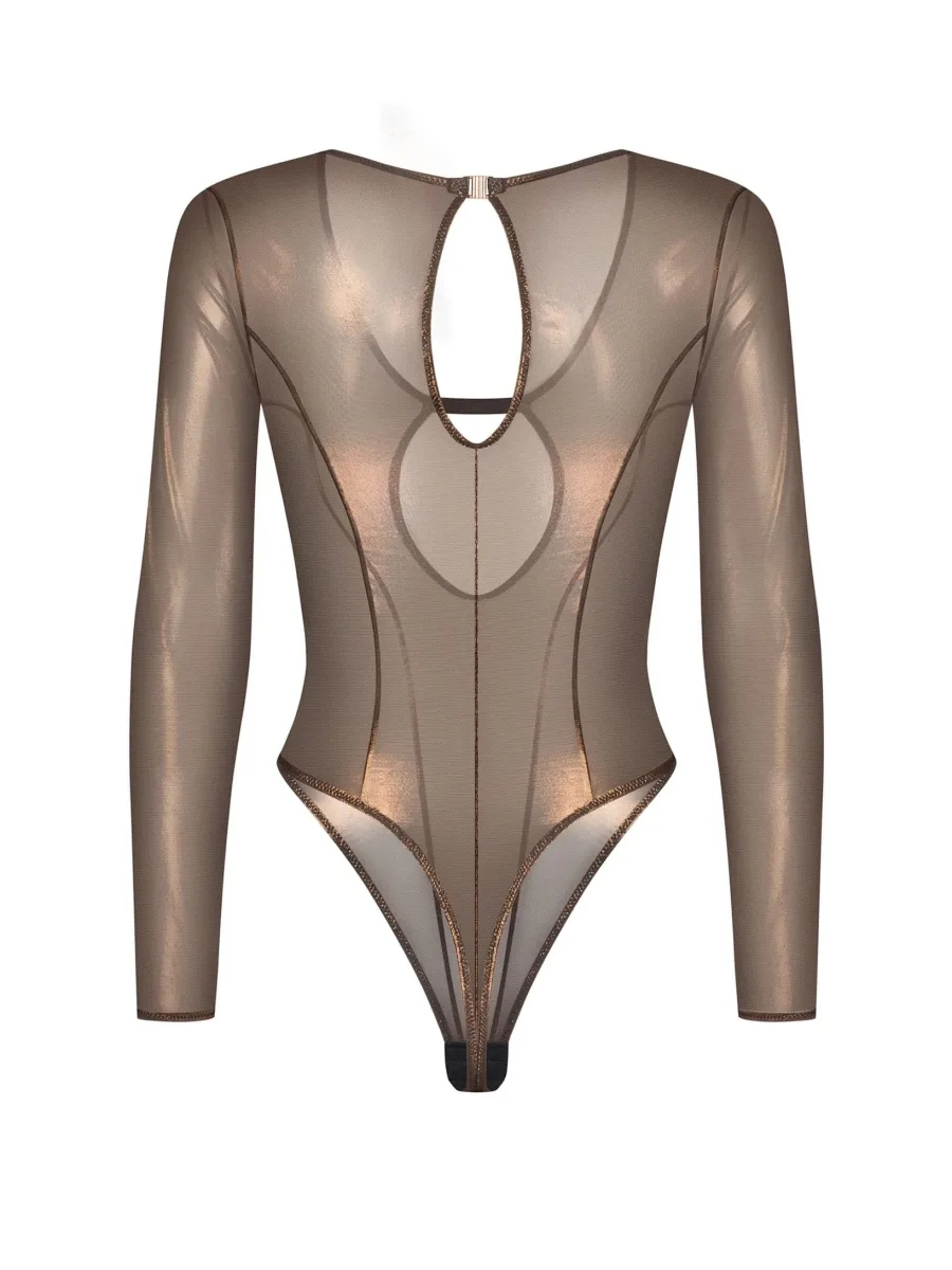 Long-Sleeve Bodysuit Obsessive Soranna - Black&Gold Shimmer Mesh Teddy