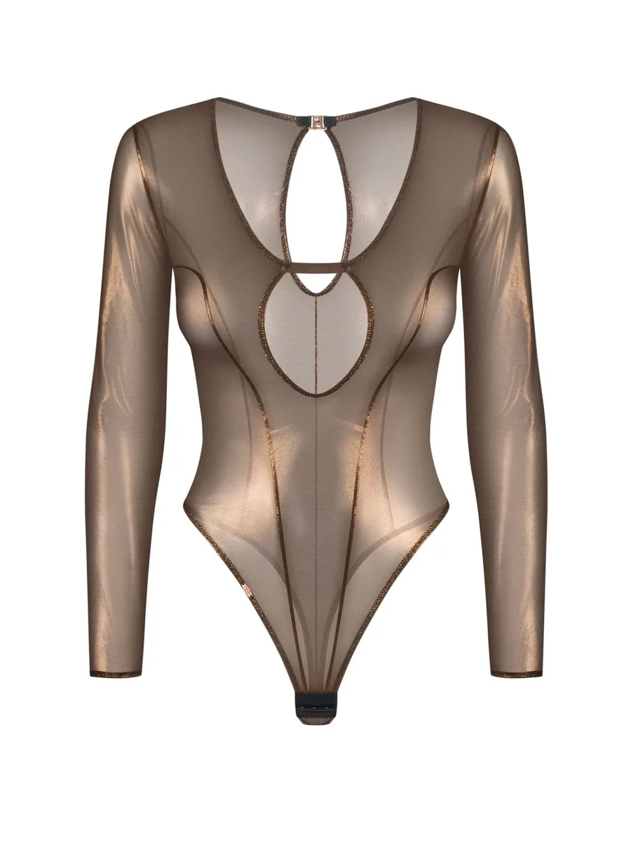 Long-Sleeve Bodysuit Obsessive Soranna - Black&Gold Shimmer Mesh Teddy