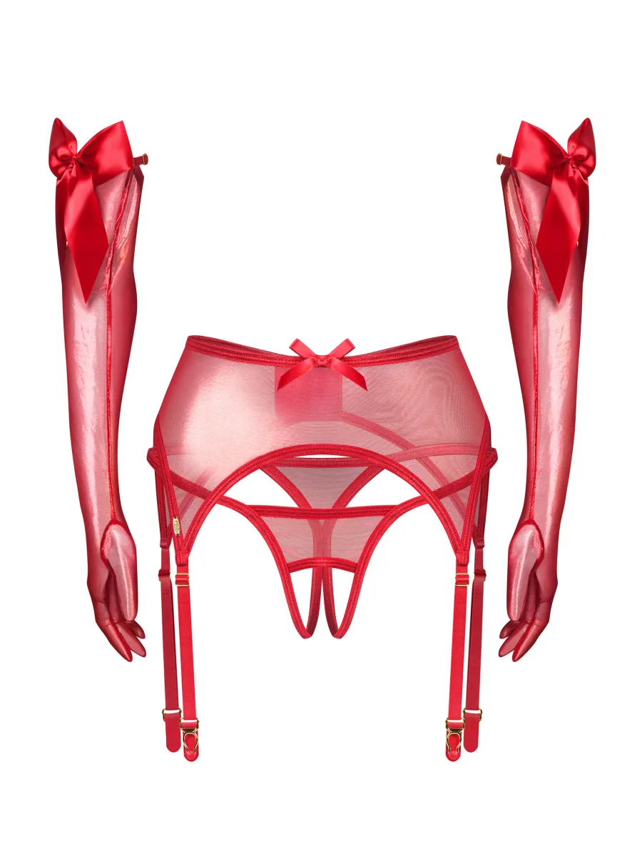 Red Suspender Belt Set With Crotchless Thong And Long Gloves 3-Piece Obsessive Gifty Red