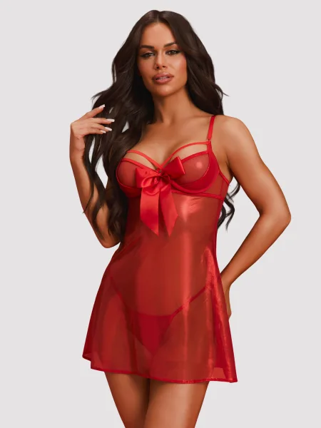 Rotes transparentes Babydoll mit Bügel-Cups und String Obsessive Gifty Red