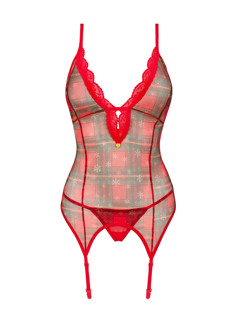 Obsessive Jollymore Festive Plaid Corset & Red Thong Set