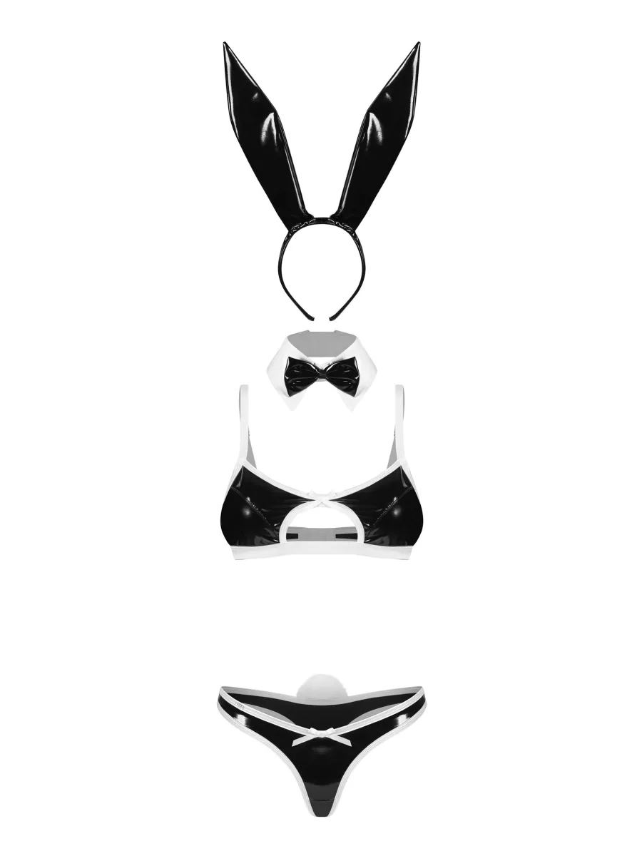 Schwarzes Wetlook Bunny-Kostüm 4-teilig mit Hasenohren Obsessive Night Bunny