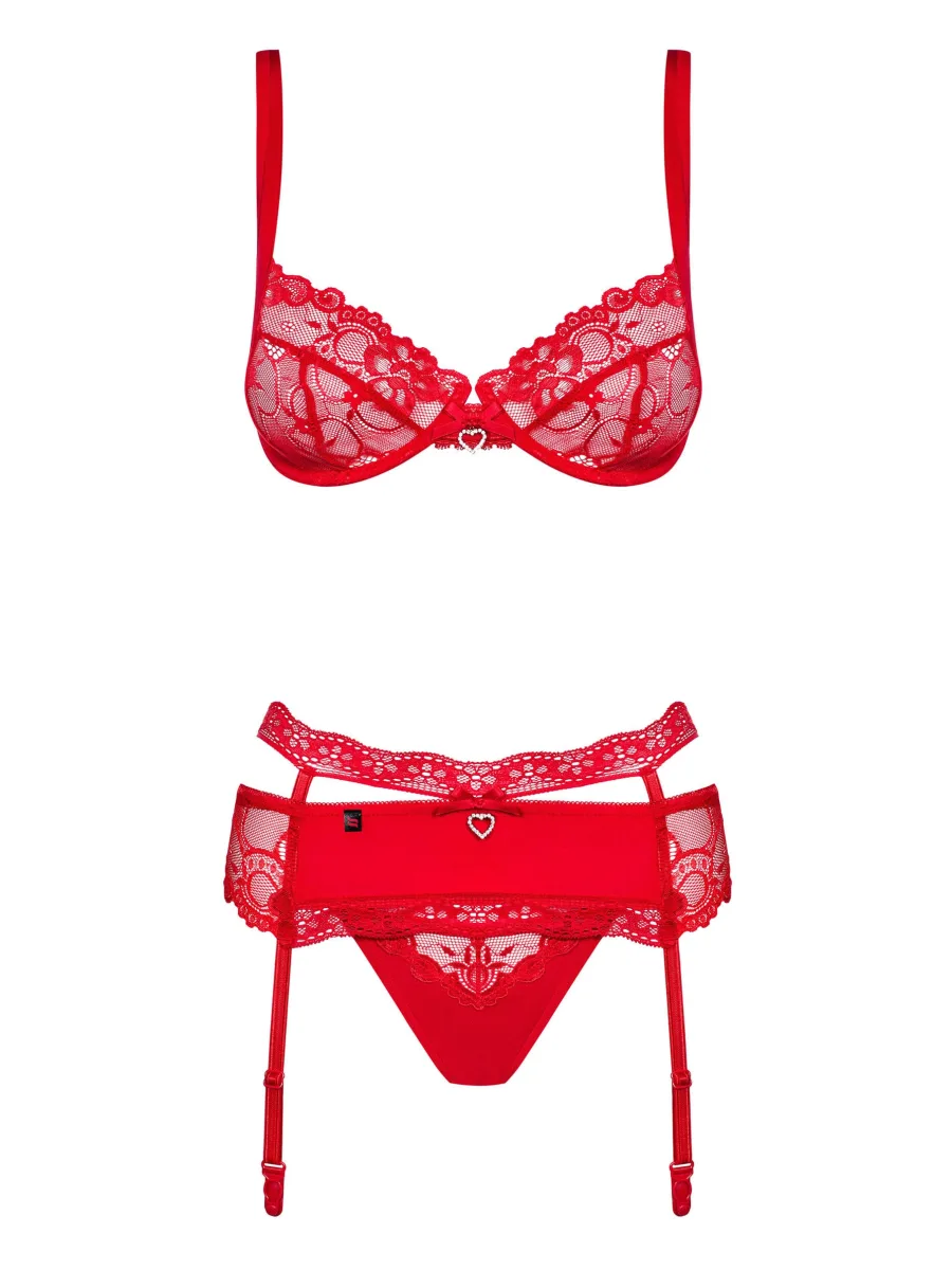 Red Lingerie Set Obsessive Heartina — 3-Piece Floral Lace