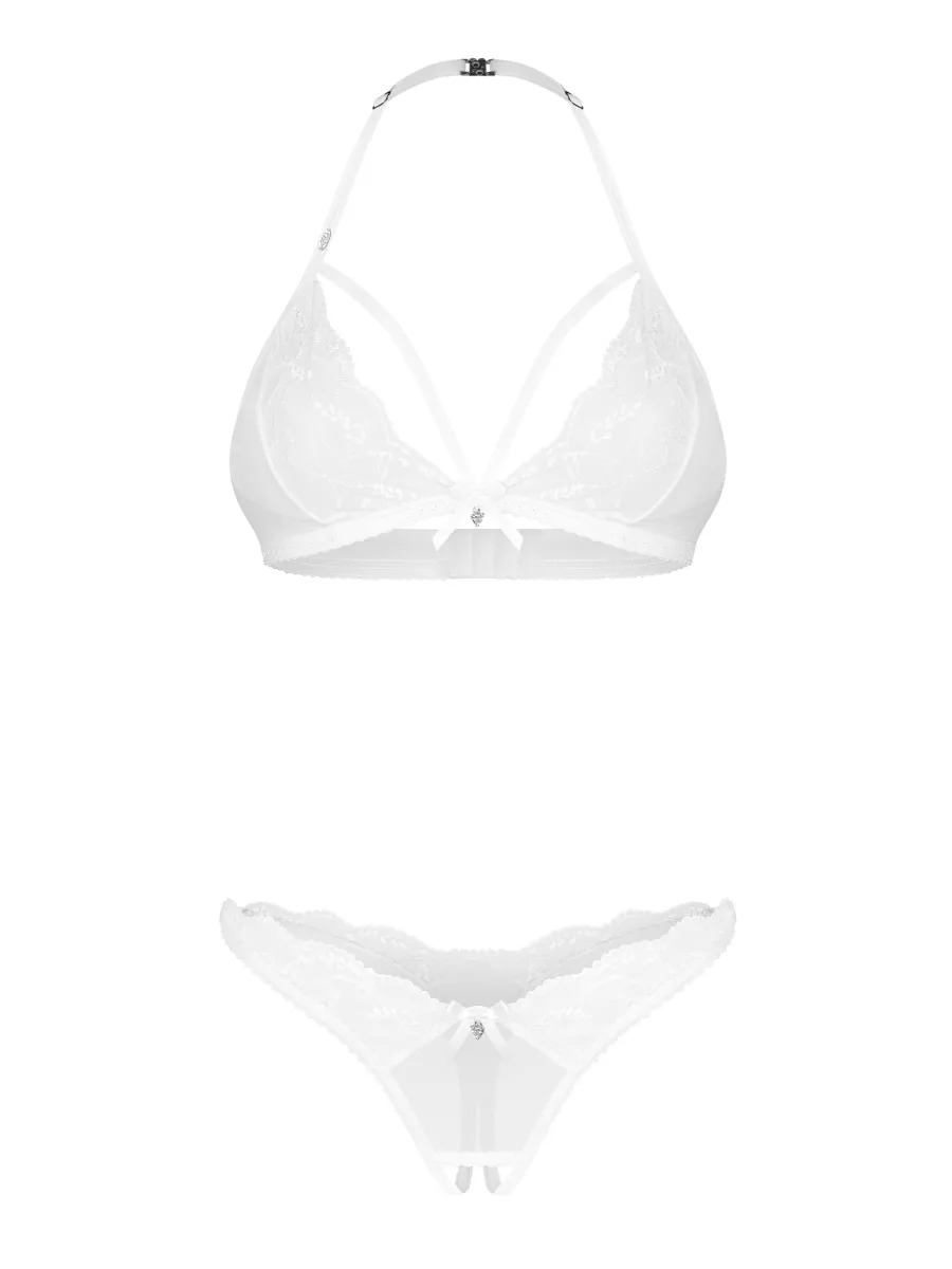 White Halterneck 3-Piece Set Bra Thong and Crotchless Thong Obsessive Weddya