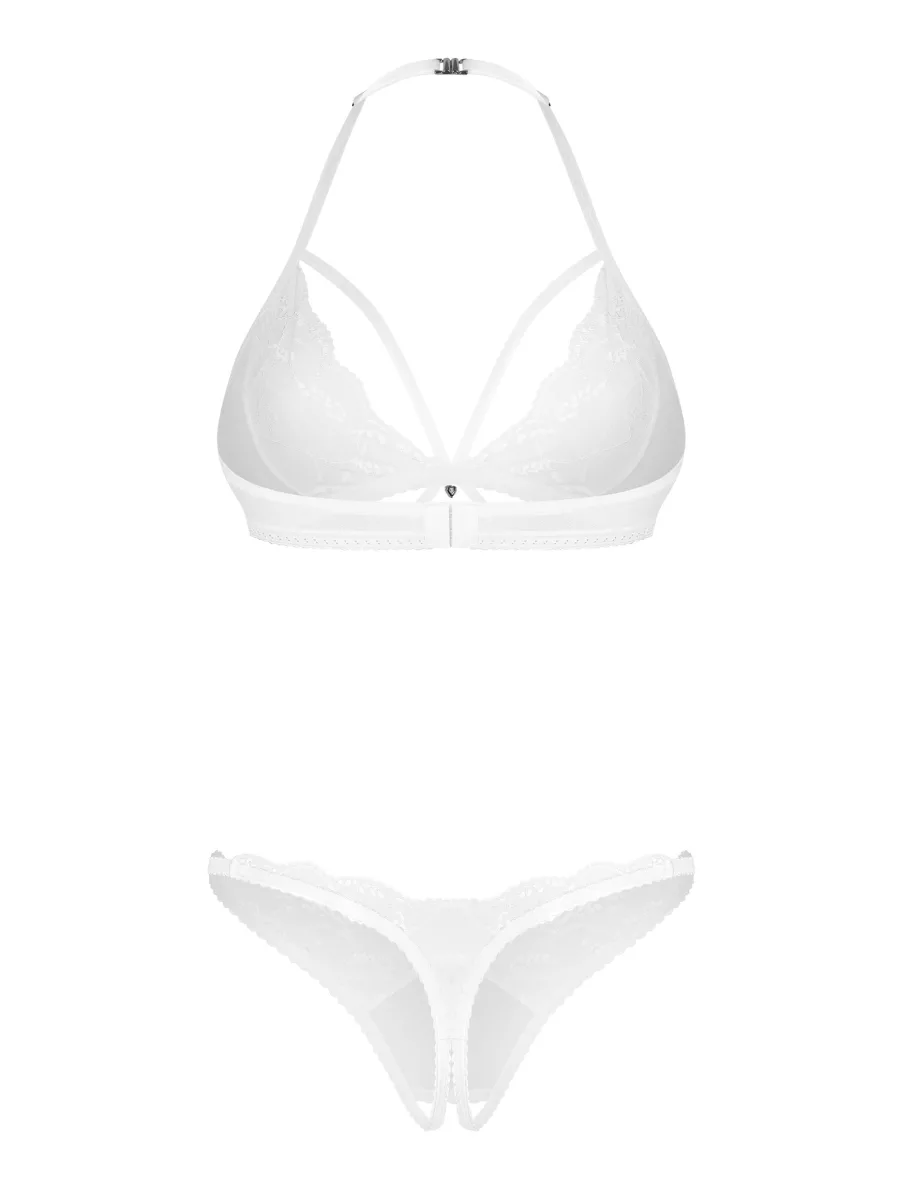 White Halterneck 3-Piece Set Bra Thong and Crotchless Thong Obsessive Weddya