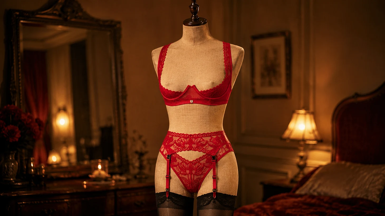 Cupless bra styled with stockings and garter belt for complete intimate wear ensemble