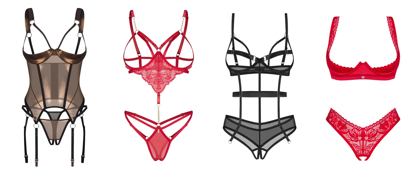 Vier Typen von Cupless Dessous bei Lascava — Corsage mit offenen Cups, Cupless Body, Riemchen-Body und abgestimmtes Set mit Ouvert-String