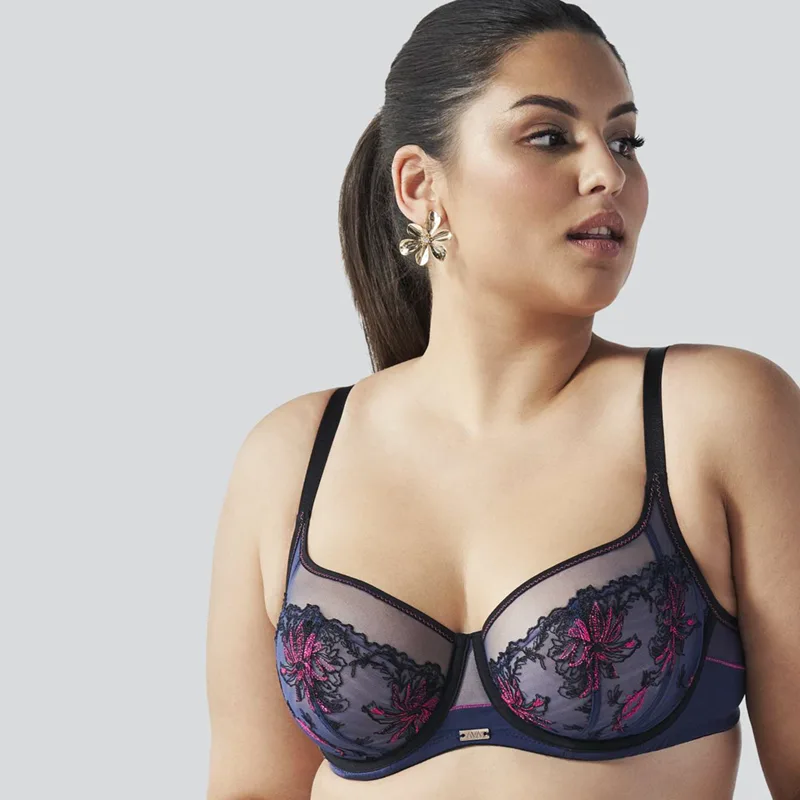 Navy blue full coverage bra with floral embroidery and side support, ideal for premium full figure comfort.
