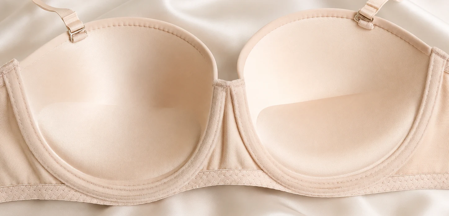 Inside of a push-up bra cup, showing padding thickest along the bottom and outer edge and thinning toward the top