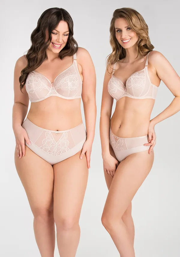 Two beautiful women in beige lingerie with padded bras